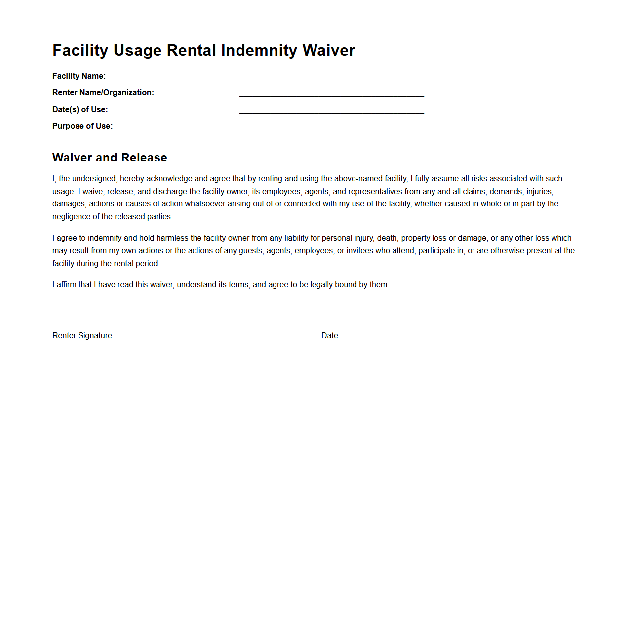 Facility Usage Rental Indemnity Waiver