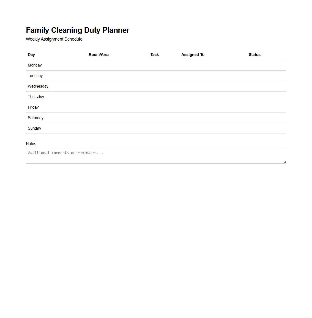 Family Cleaning Duty Planner Template