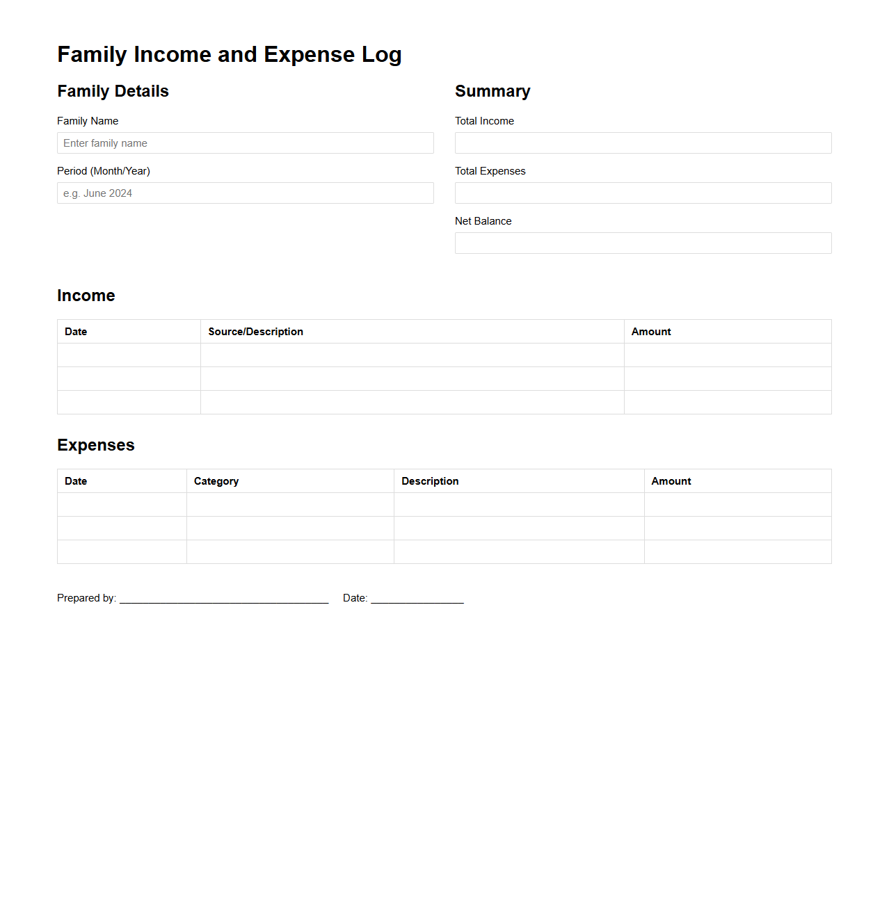 Family Income and Expense Log