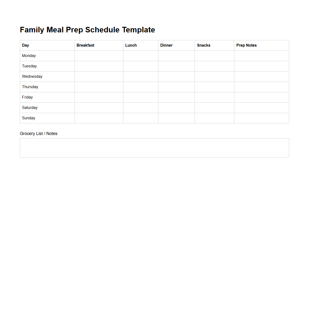 Family Meal Prep Schedule Template