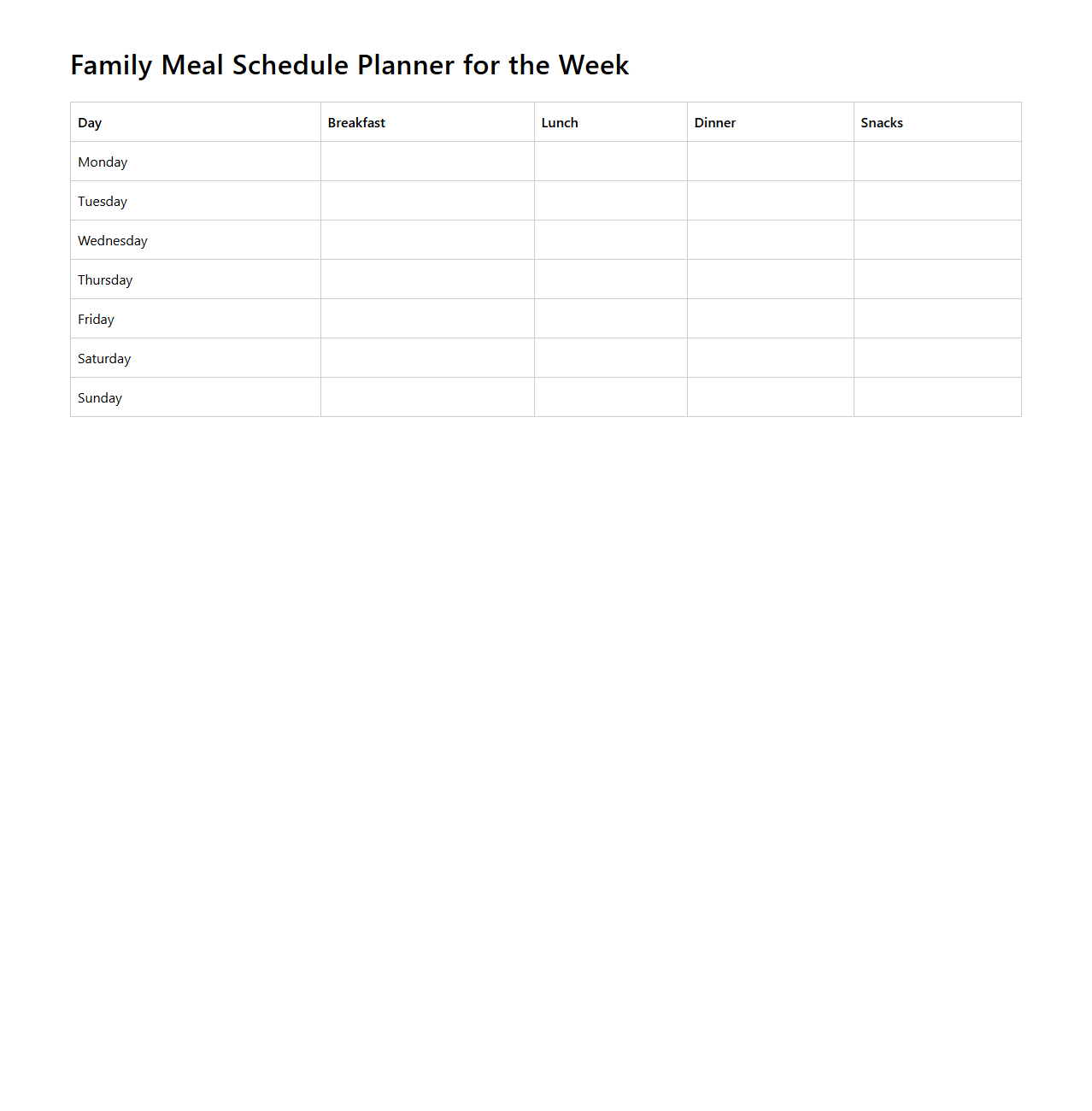 Family Meal Schedule Planner for the Week