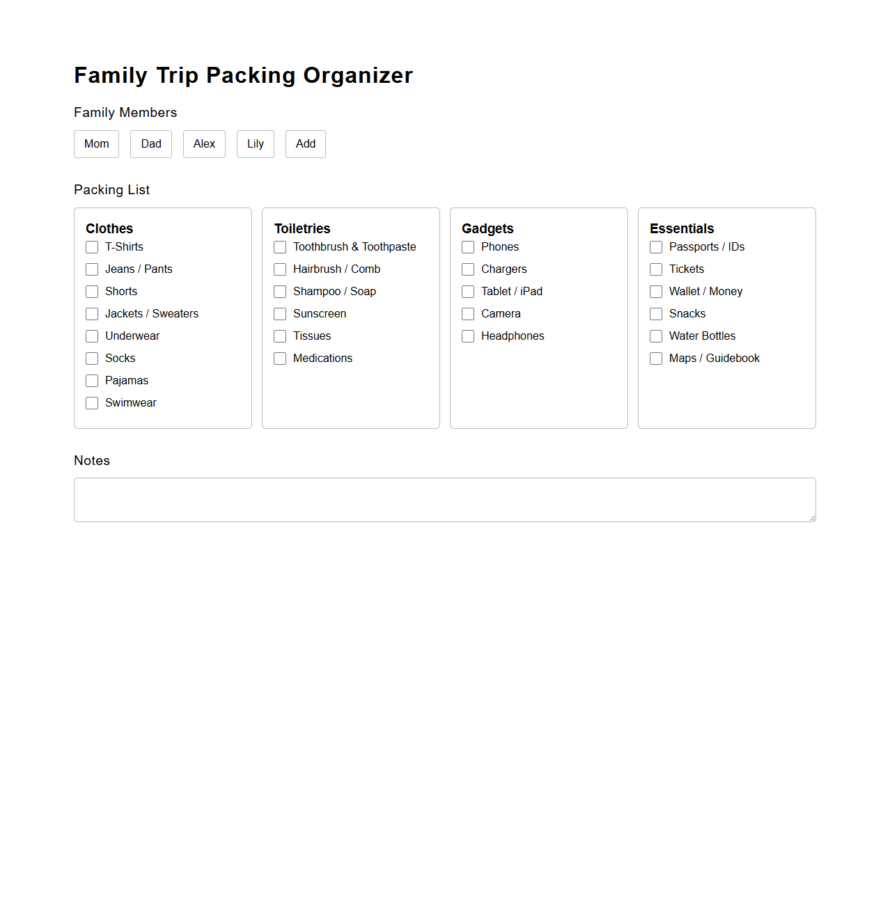 Family Trip Packing Organizer
