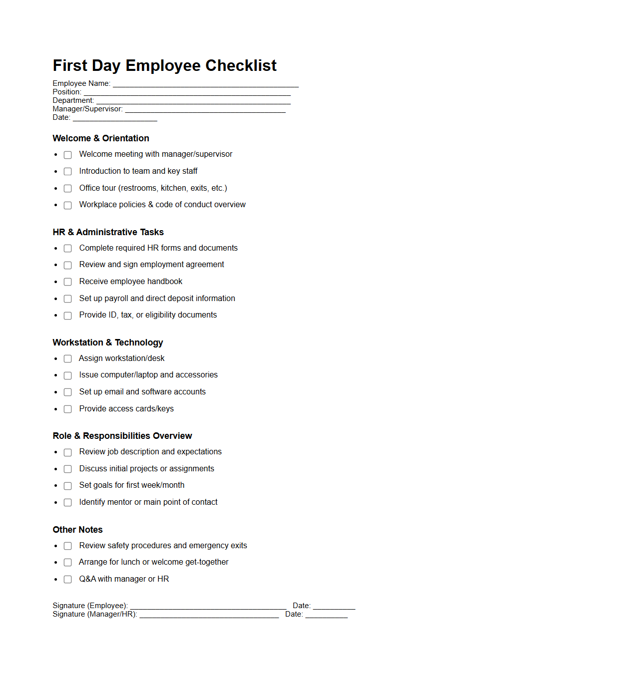 First Day Employee Checklist Template