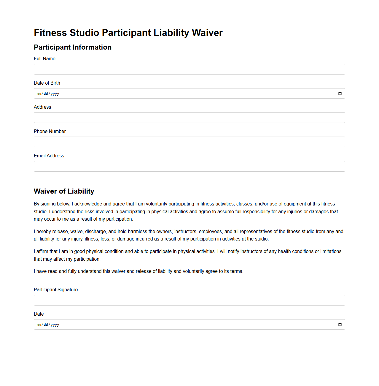 Fitness Studio Participant Liability Waiver