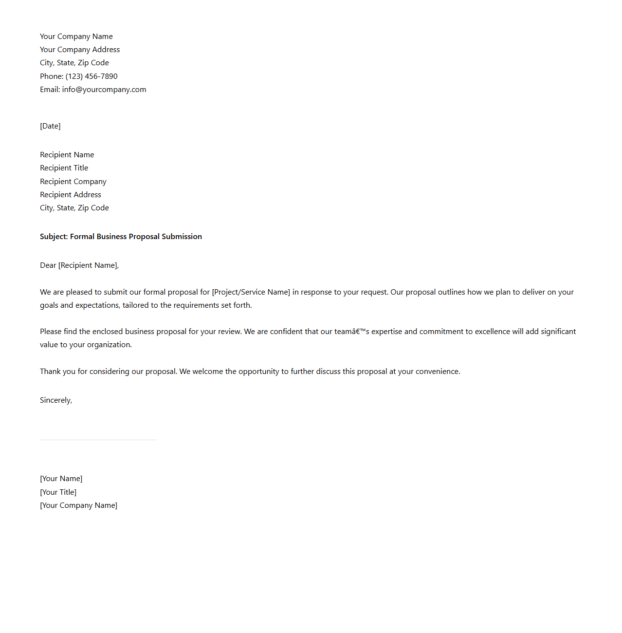 Formal Business Proposal Cover Letter Layout