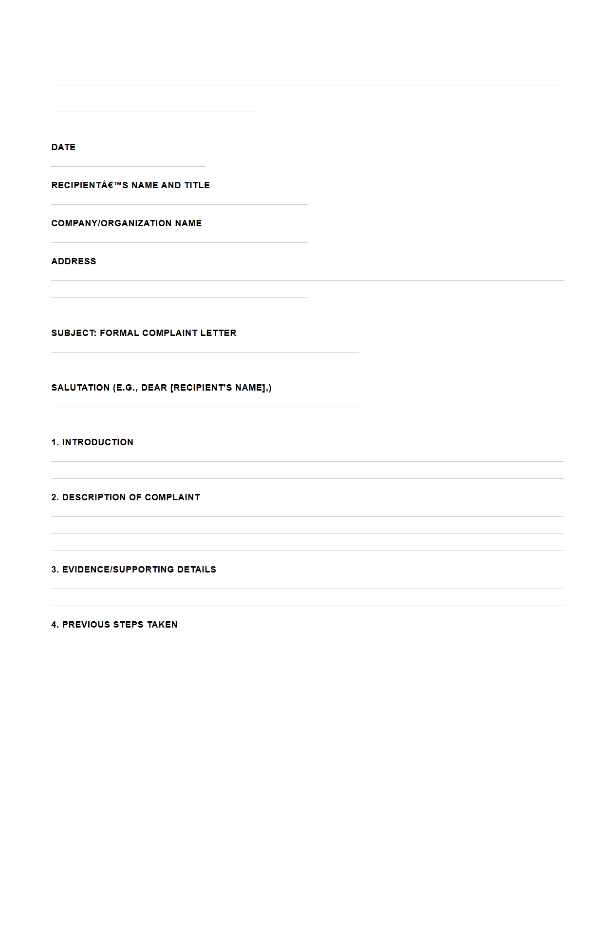 Formal Complaint Letter Outline Template