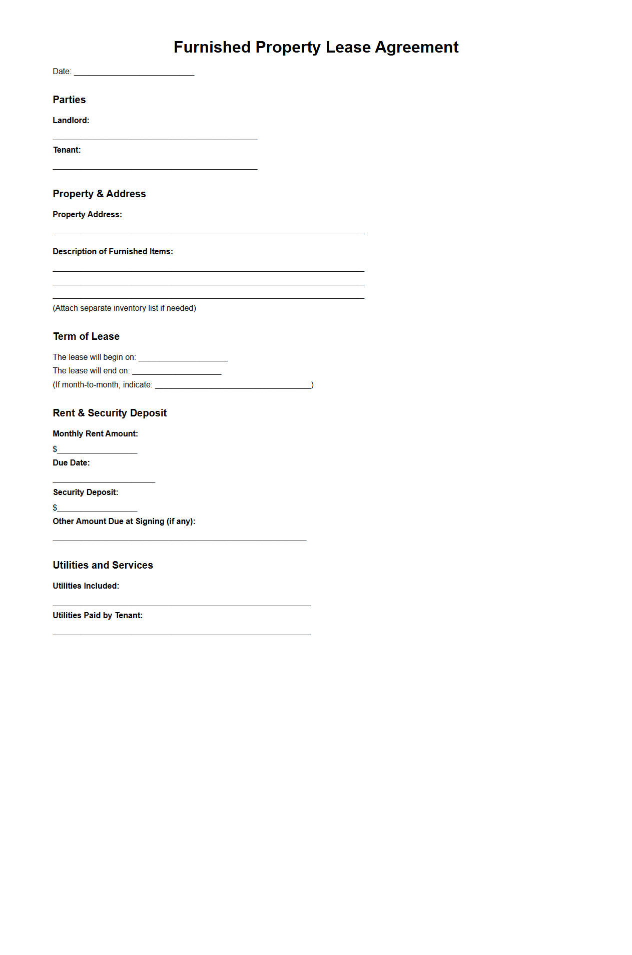 Furnished Property Lease Agreement Template