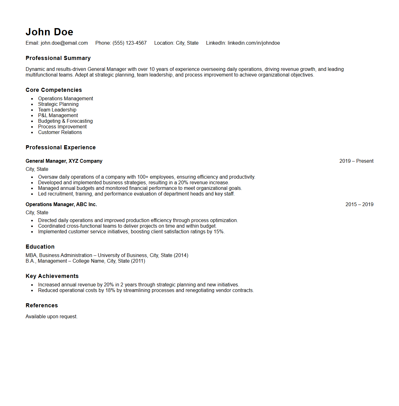 General Manager Resume Format