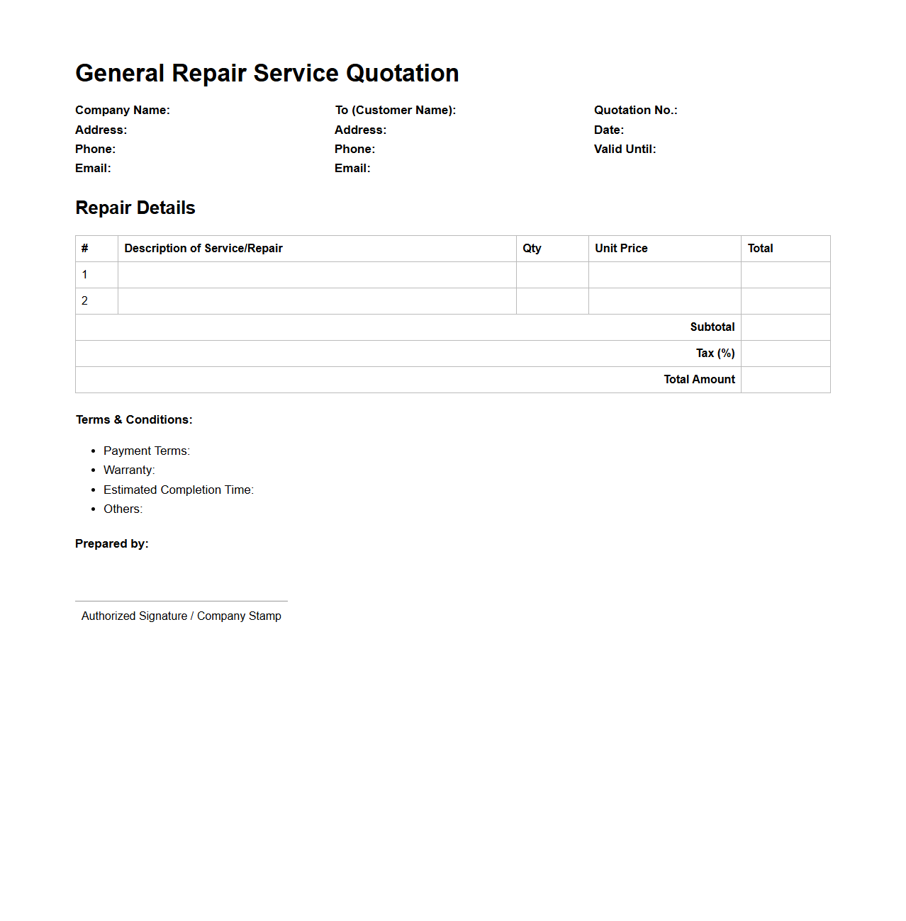 General Repair Service Quotation Format