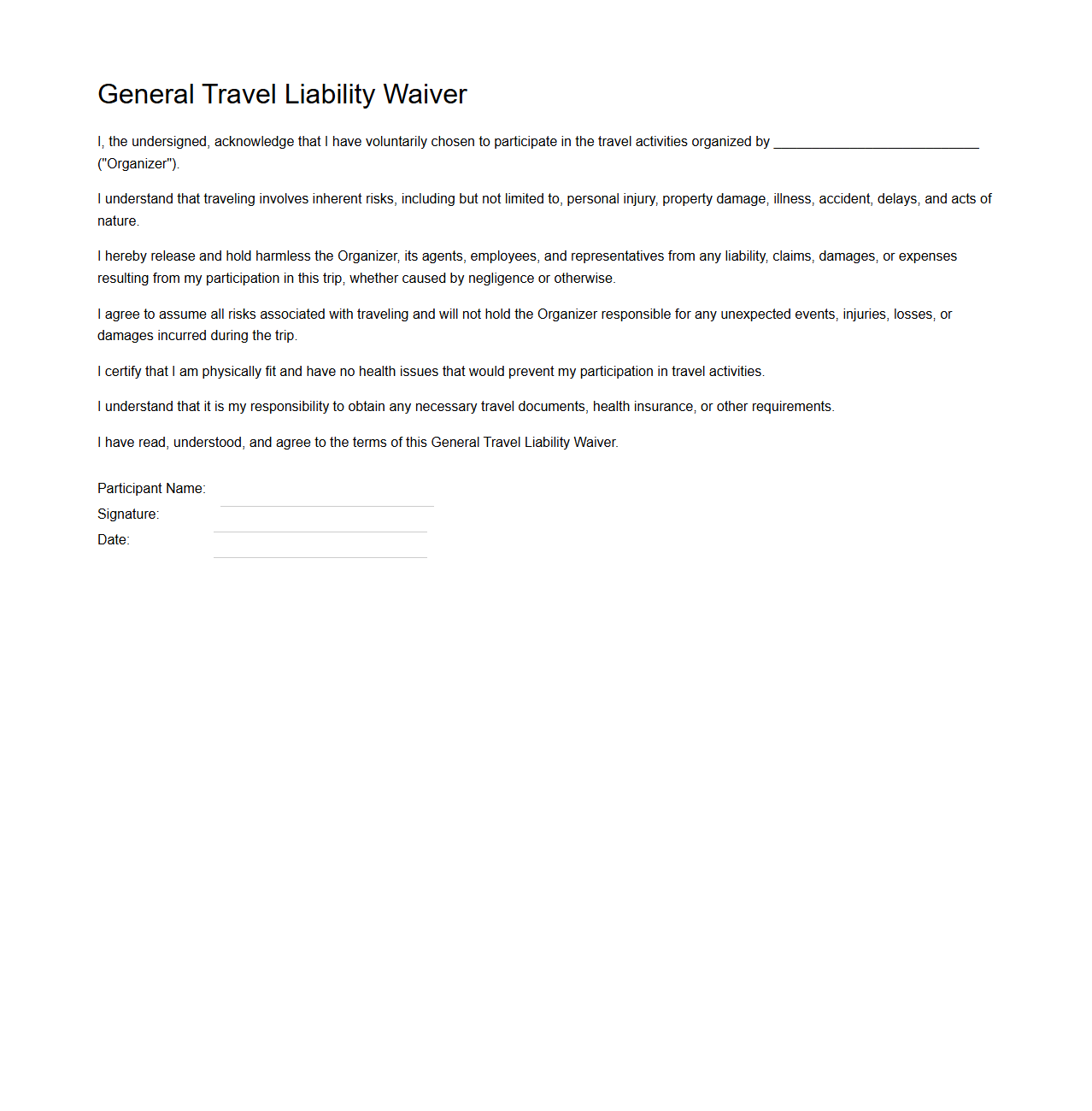 General Travel Liability Waiver Template