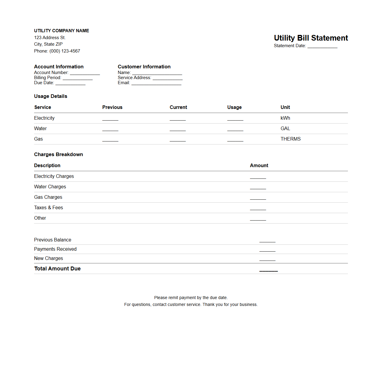 General Utility Bill Statement Shell