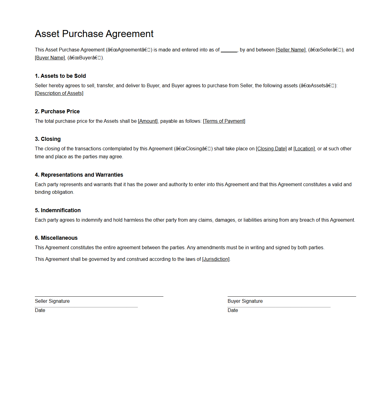 Generic Asset Purchase Contract Format