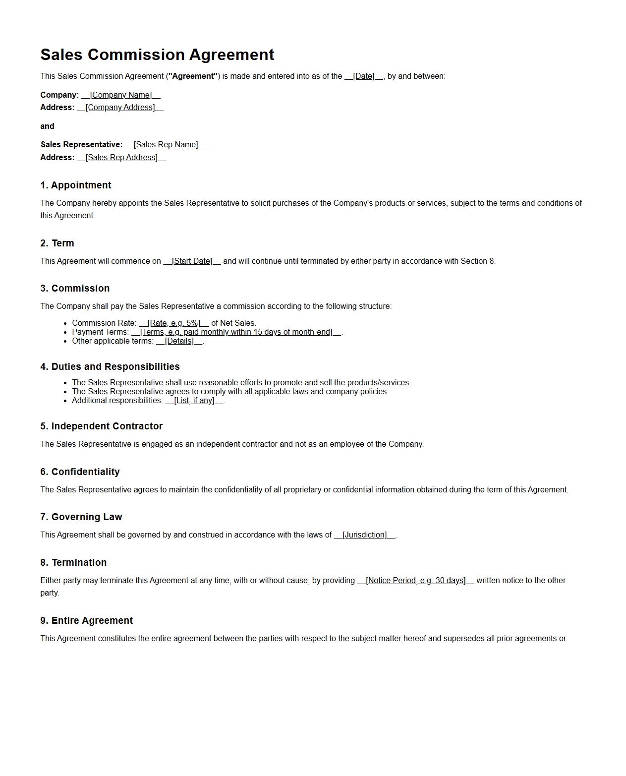 Generic Blank Template for Sales Commission Agreements