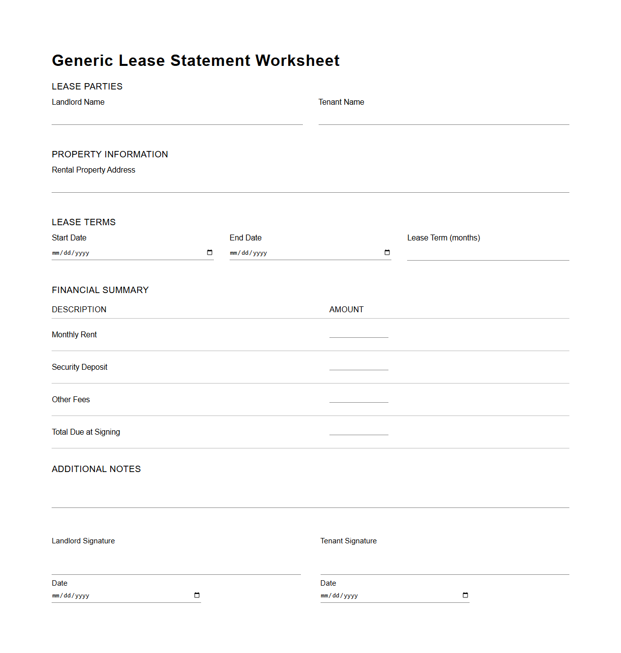 Generic Lease Statement Worksheet