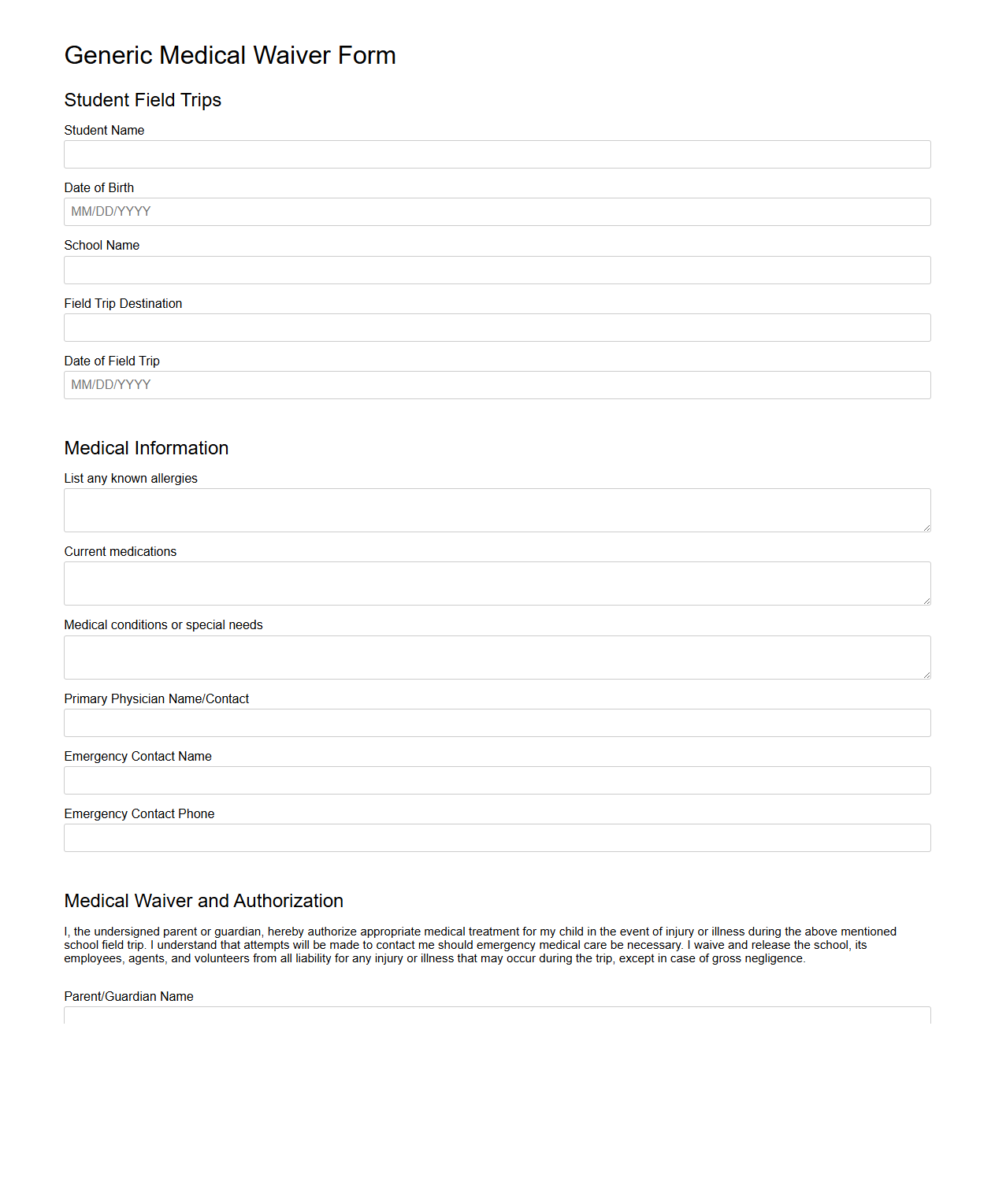 Generic Medical Waiver Form for Student Field Trips