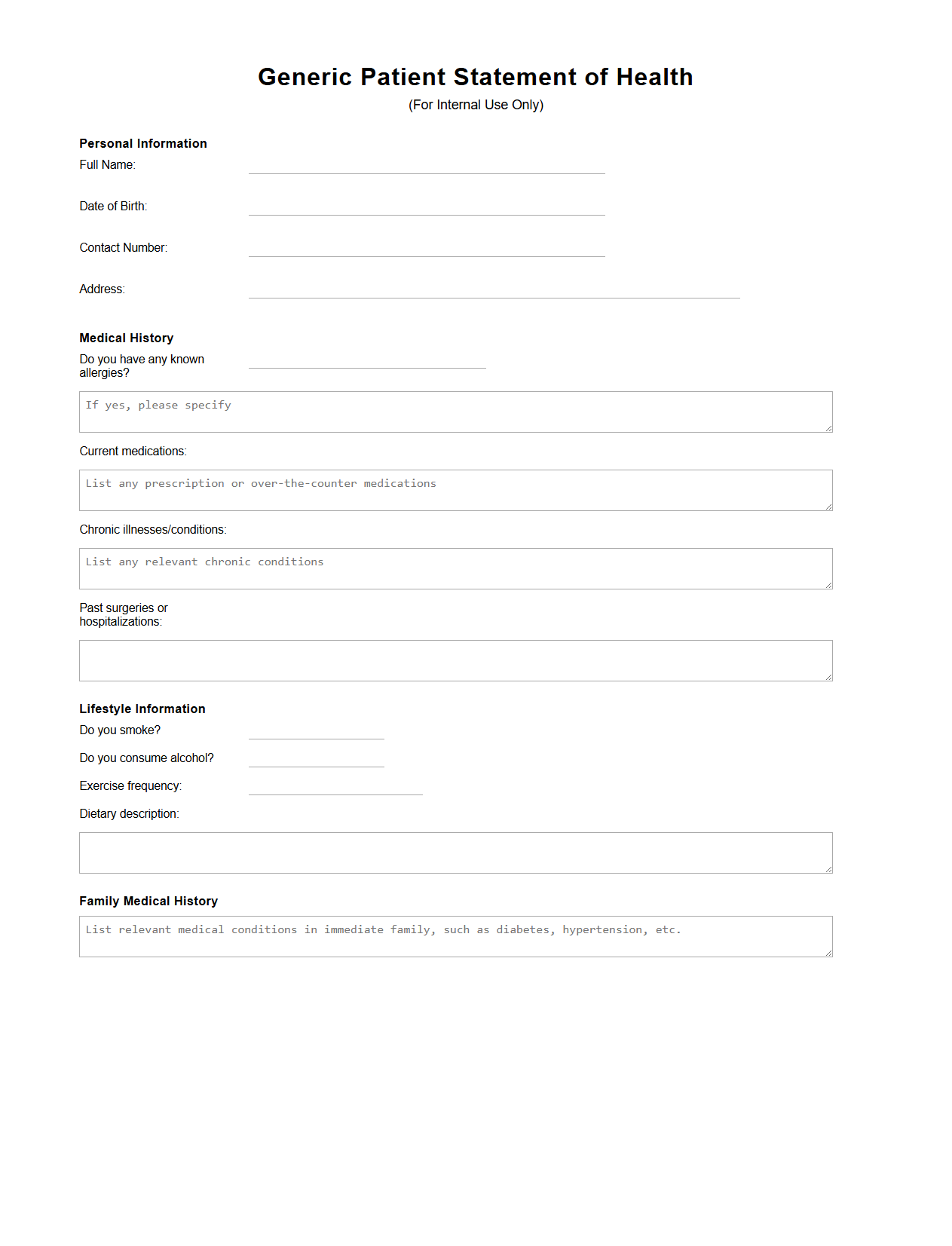 Generic Patient Statement of Health Template