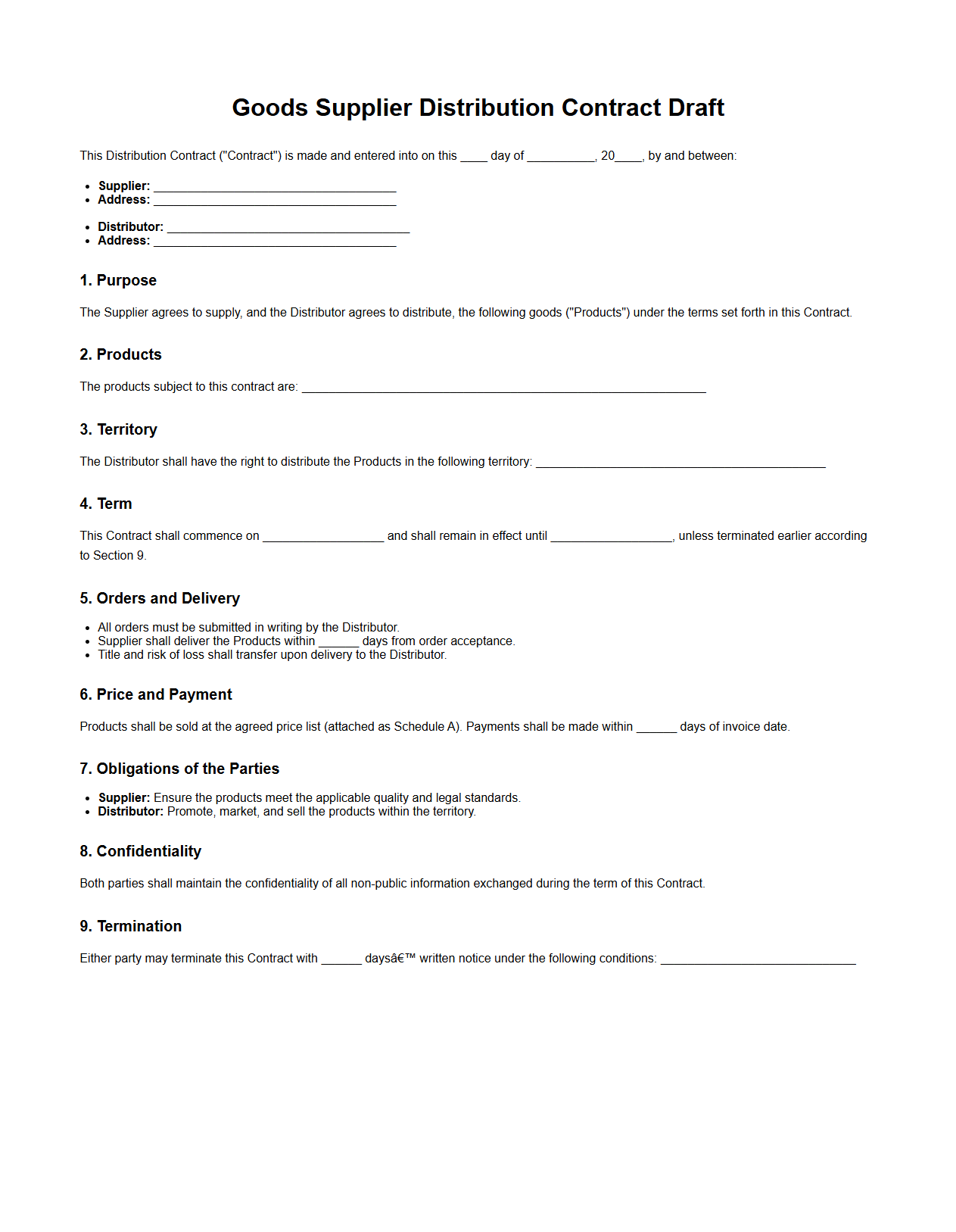 Goods Supplier Distribution Contract Draft