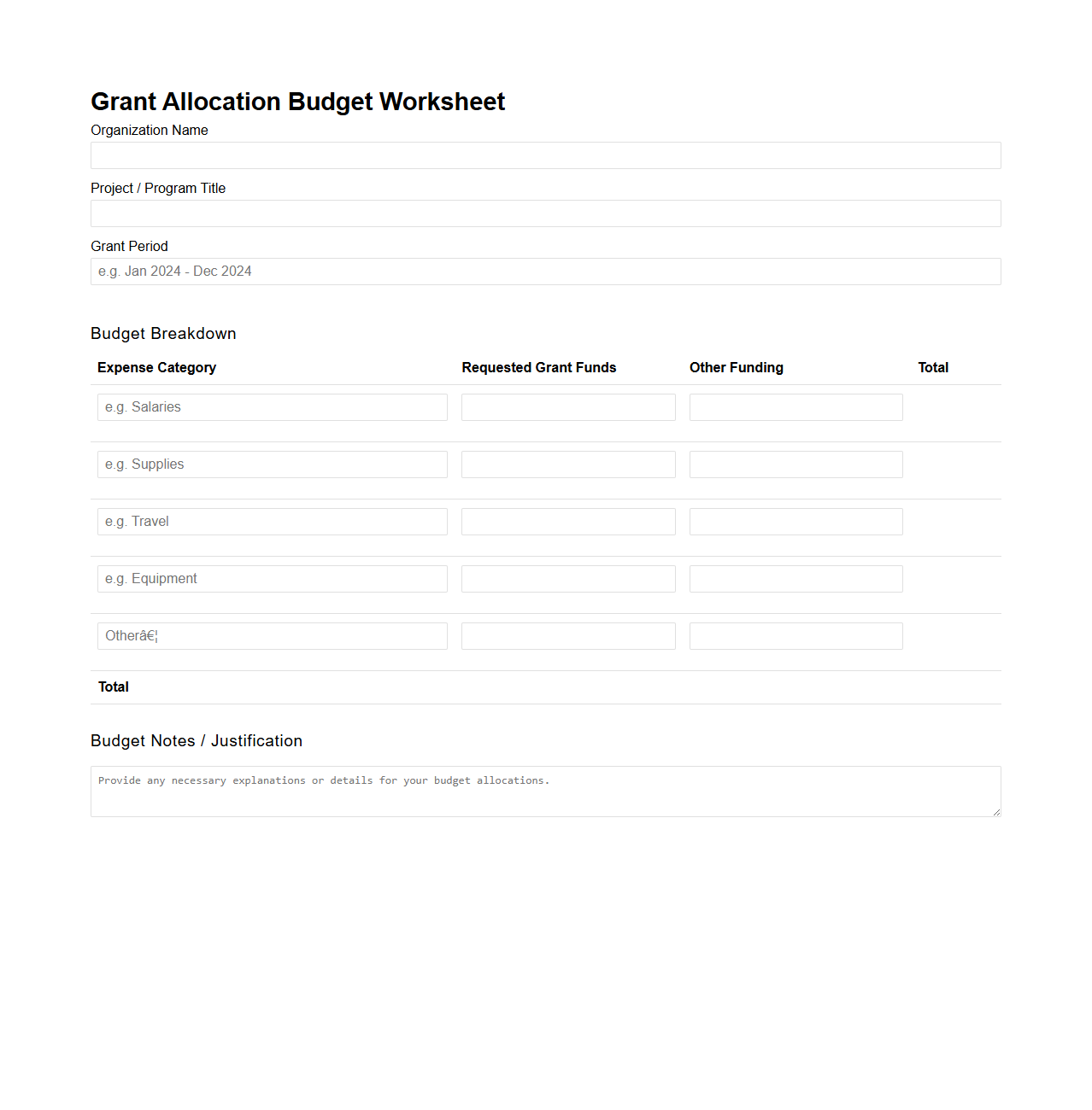 Grant Allocation Budget Worksheet for Nonprofits
