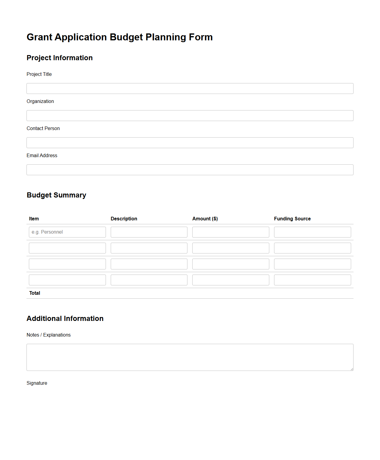 Grant Application Budget Planning Form