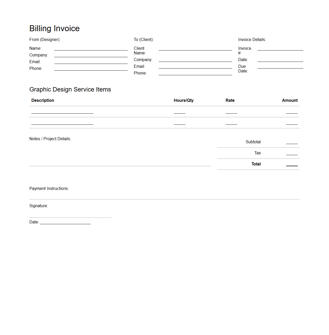 Graphic Design Job Blank Billing Template