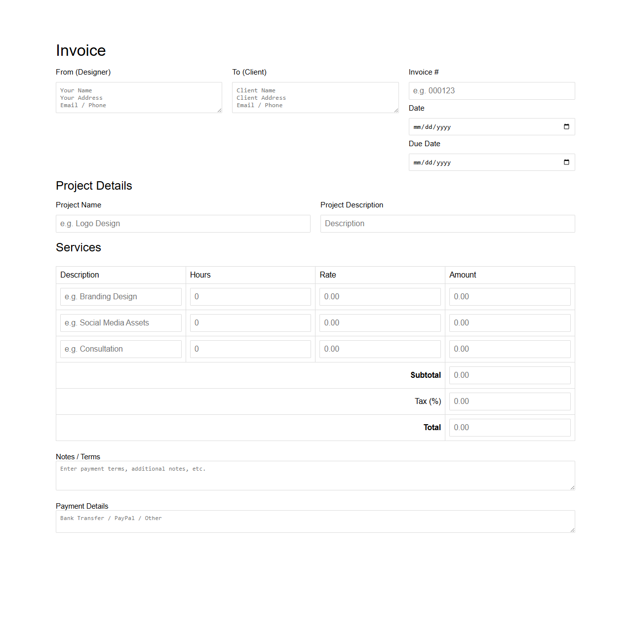 Graphic Designer Invoice Form Template