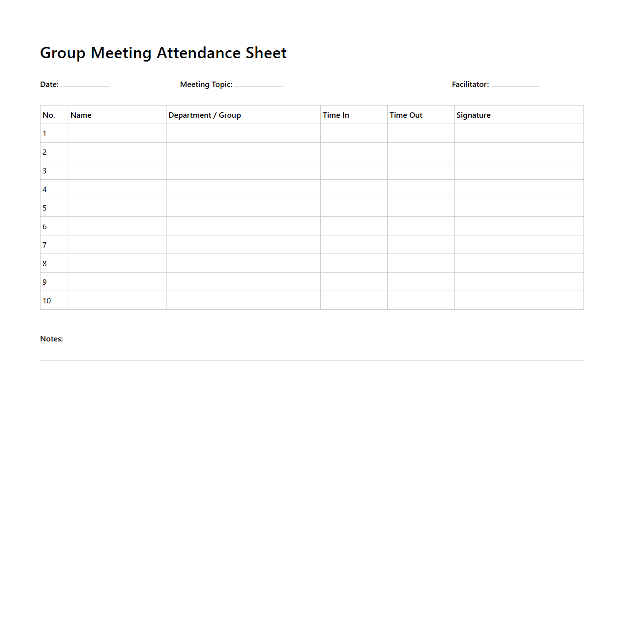 Group Meeting Attendance Sheet Layout