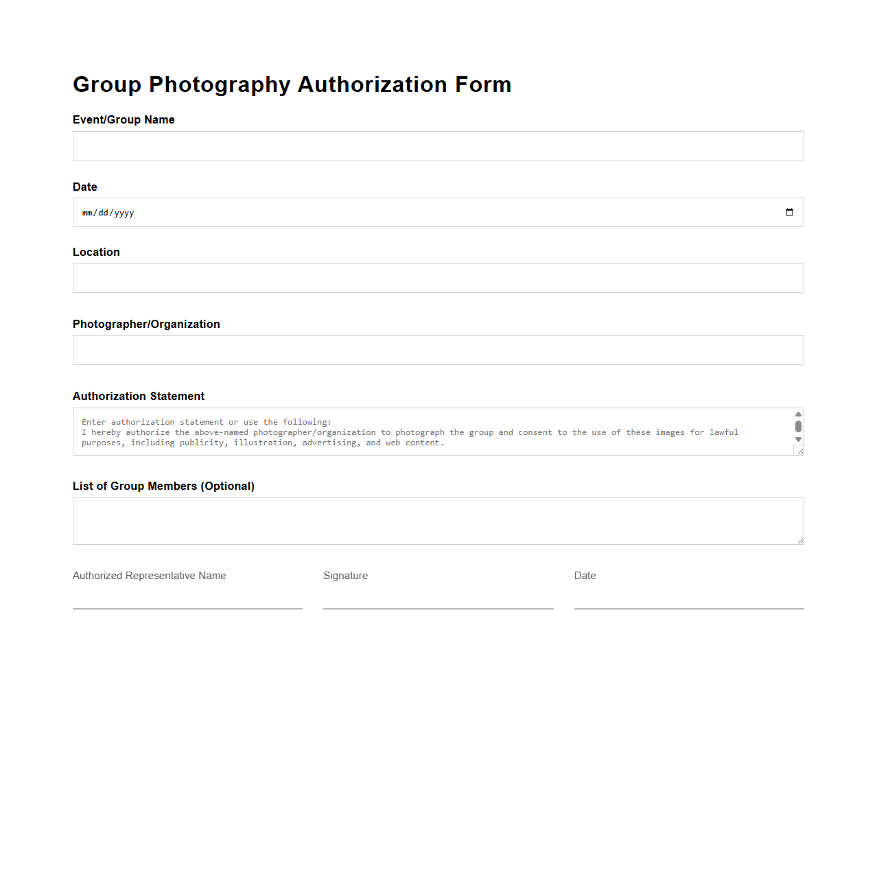 Group Photography Authorization Form Template