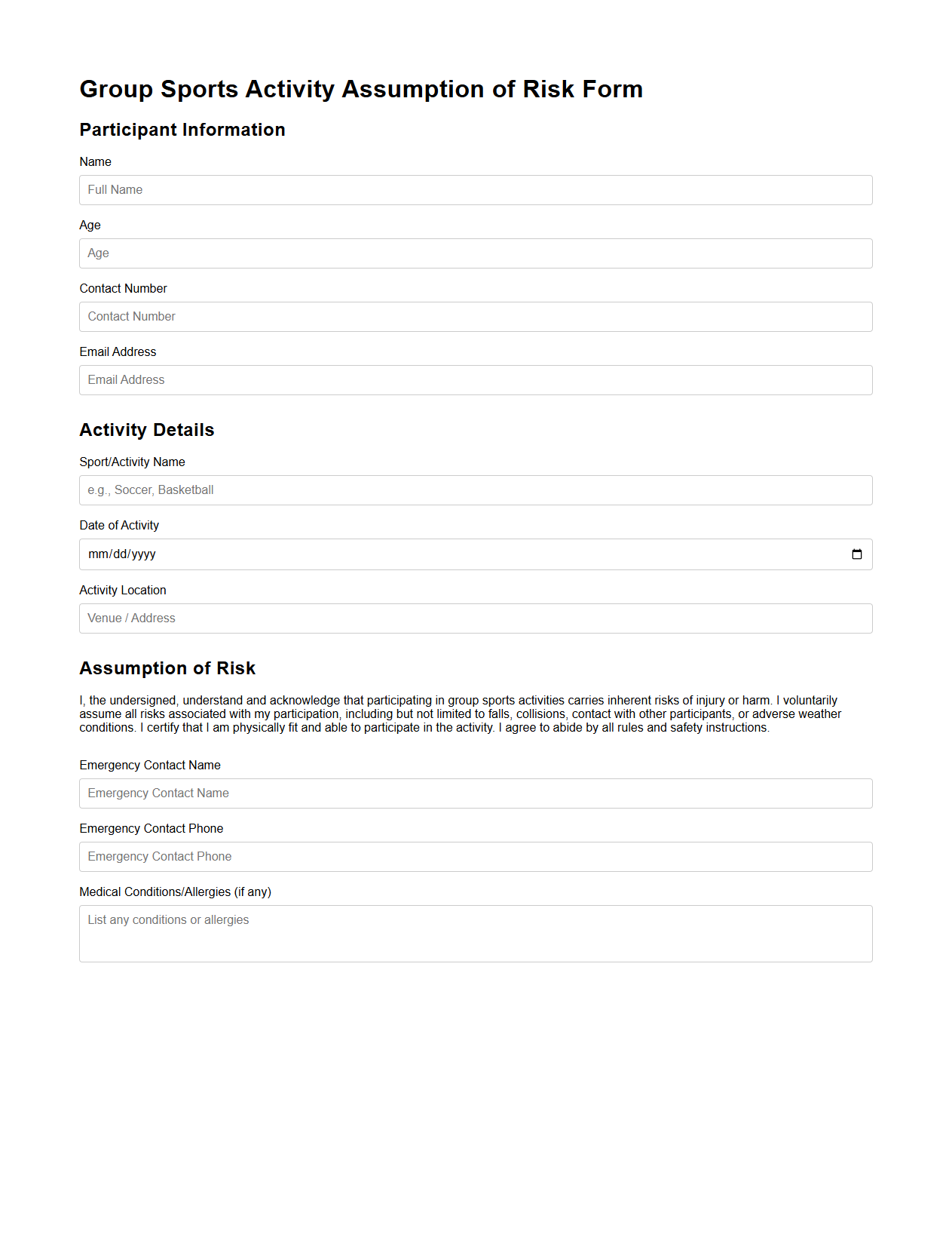 Group Sports Activity Assumption of Risk Form