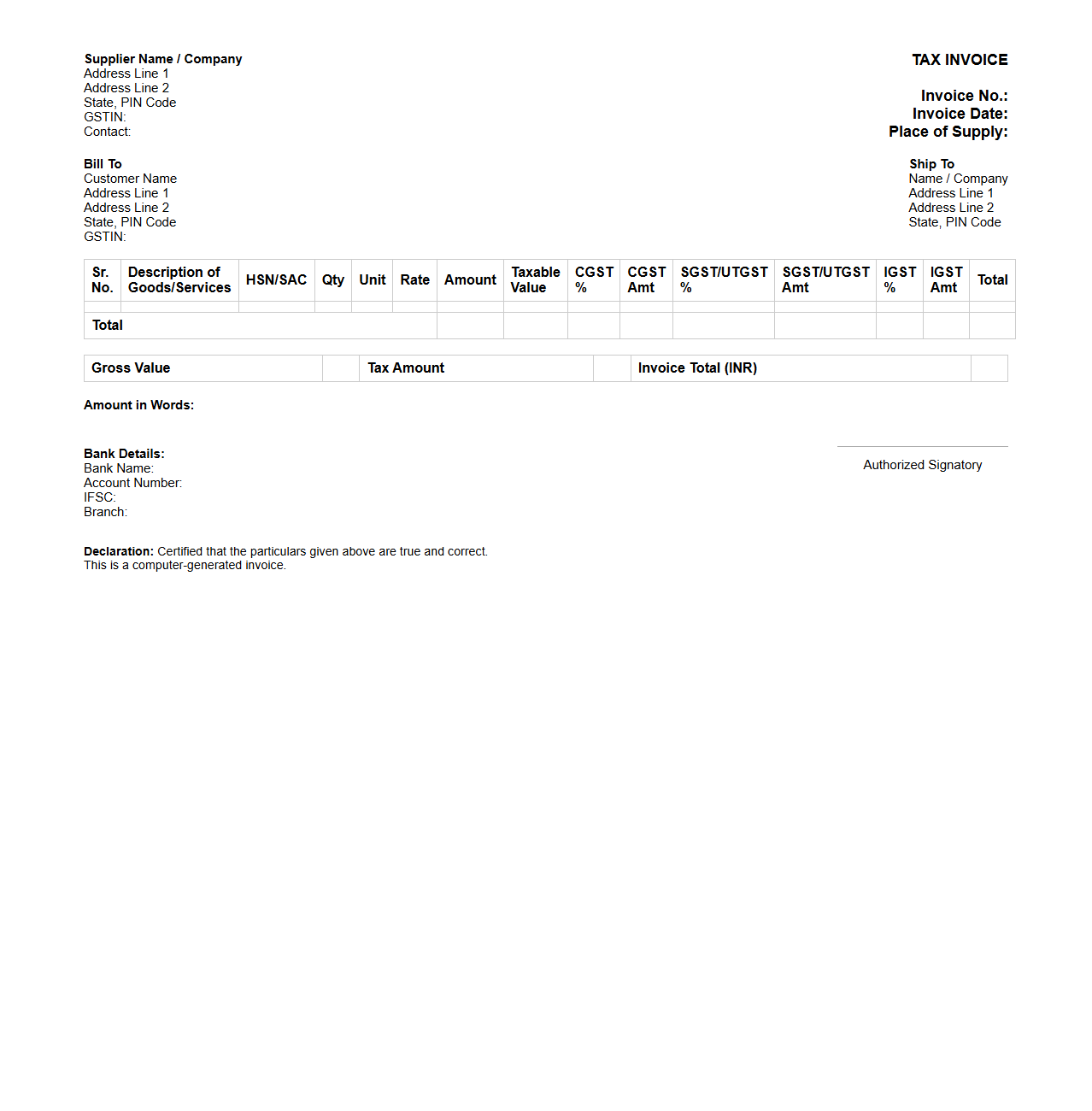 GST Tax Invoice Format Blank for Small Businesses