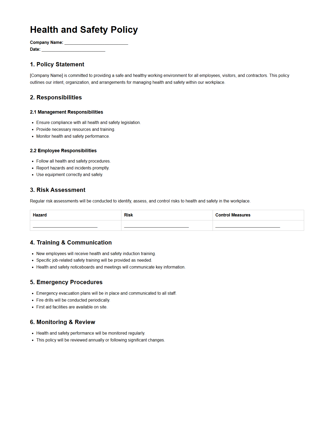 Health and Safety Policy Document Template