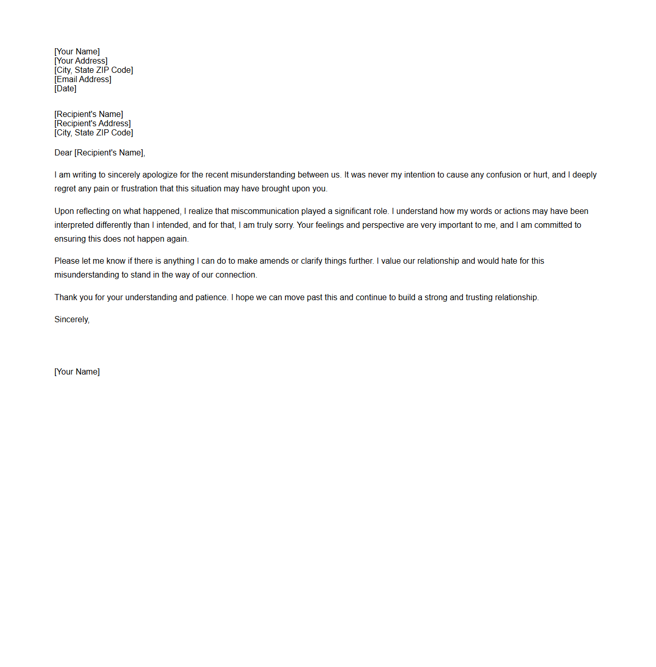 Heartfelt Apology Letter Template for Misunderstandings