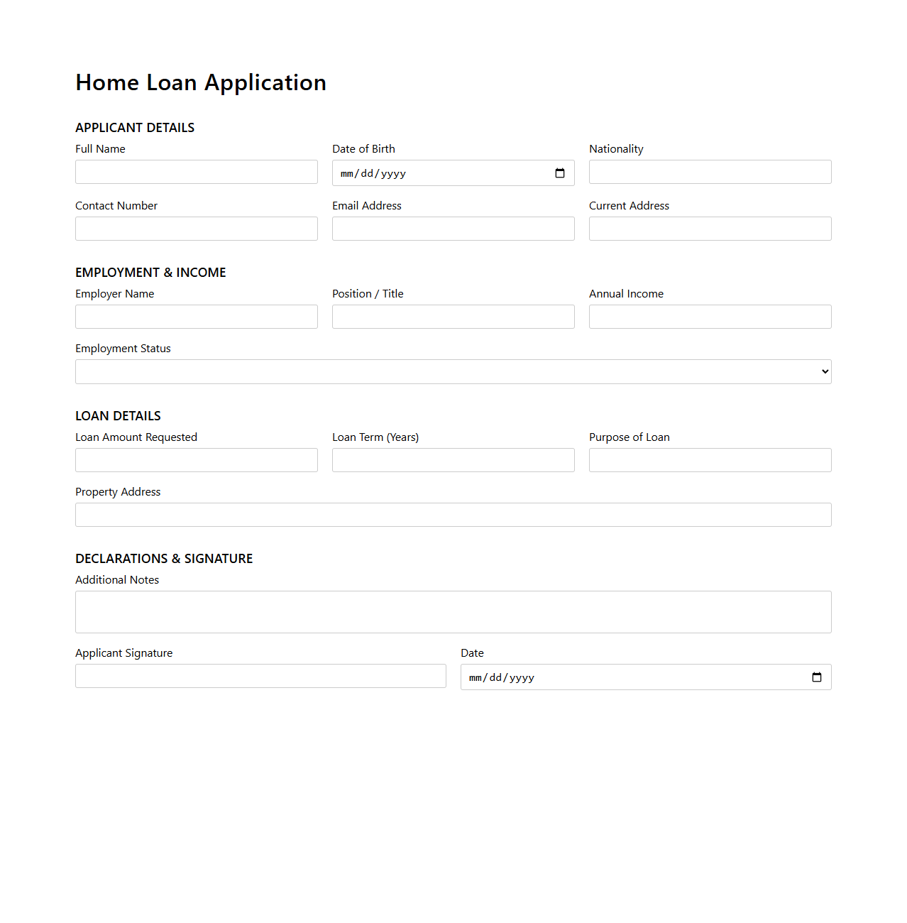Home Loan Application Document Template