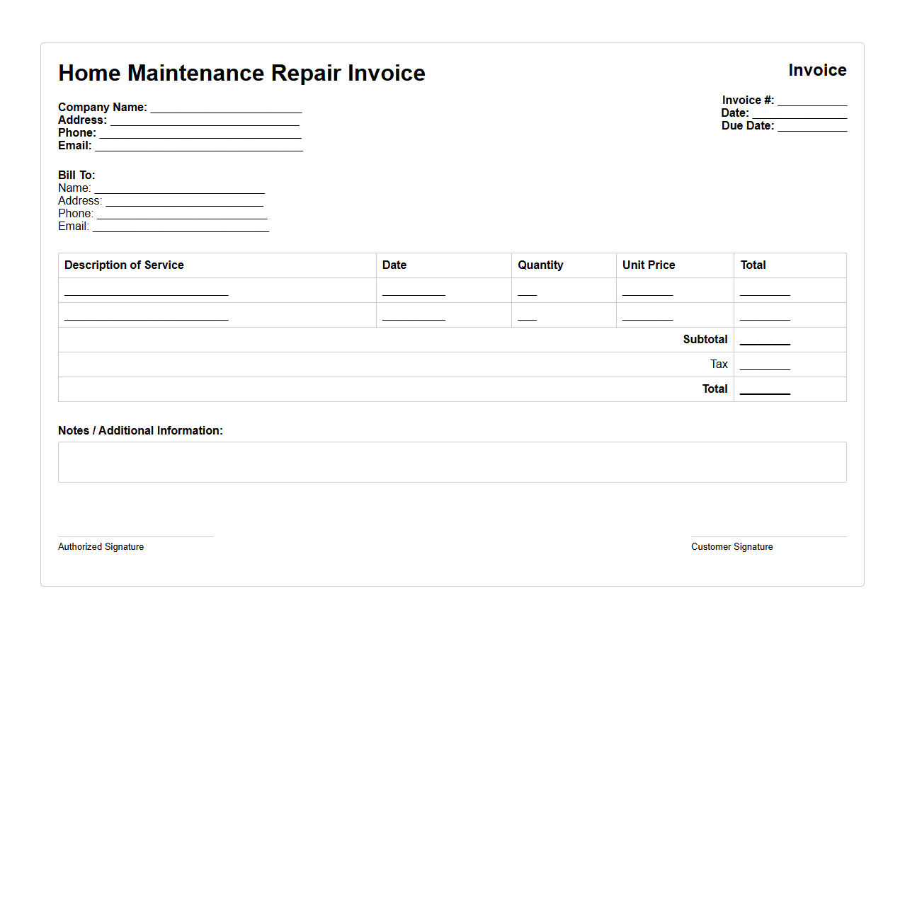 Home Maintenance Repair Invoice