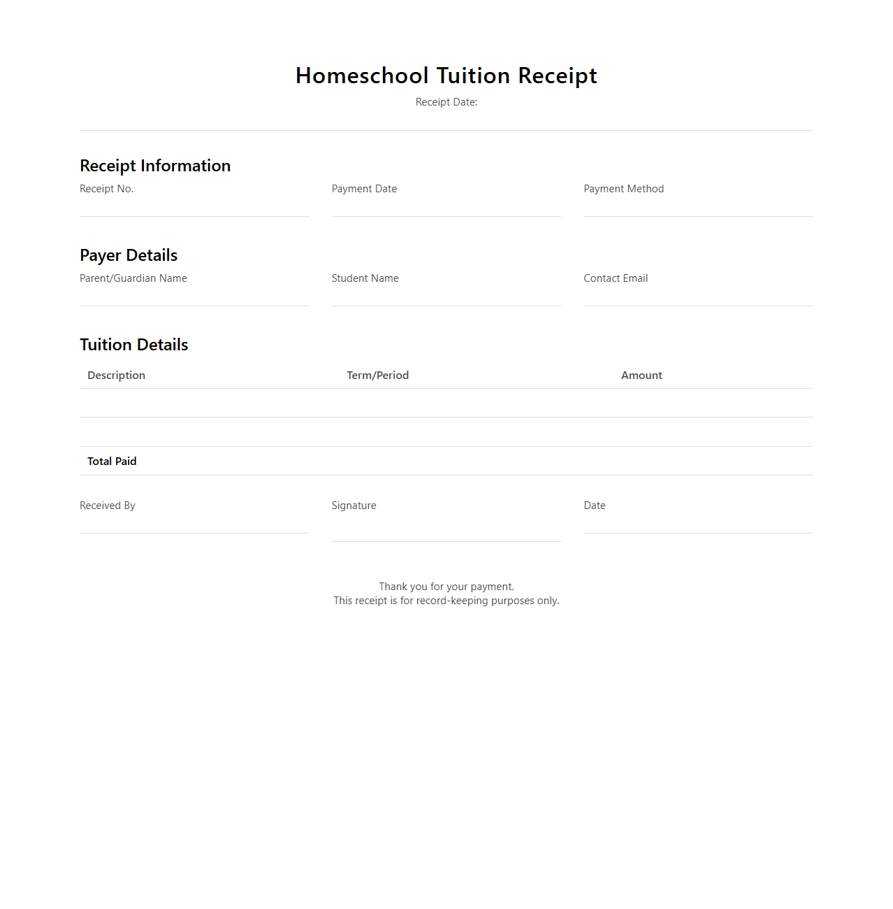 Homeschool Tuition Receipt Document