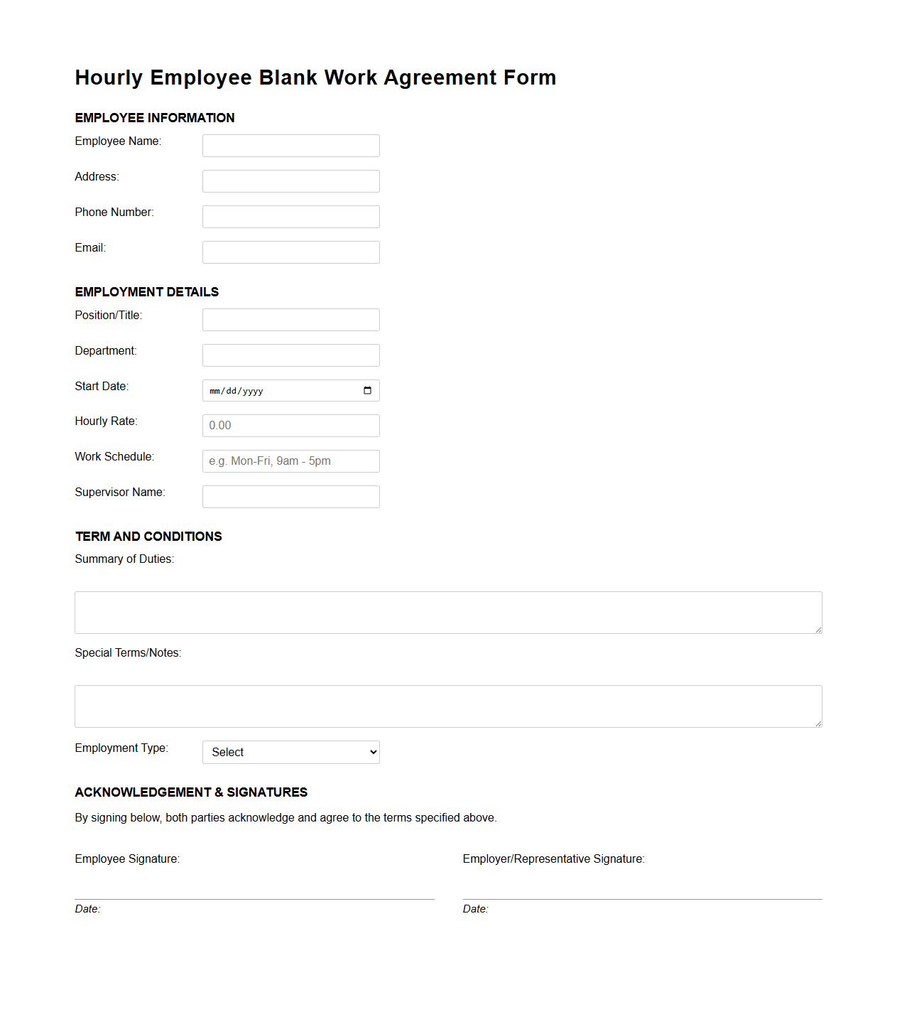 Hourly Employee Blank Work Agreement Form