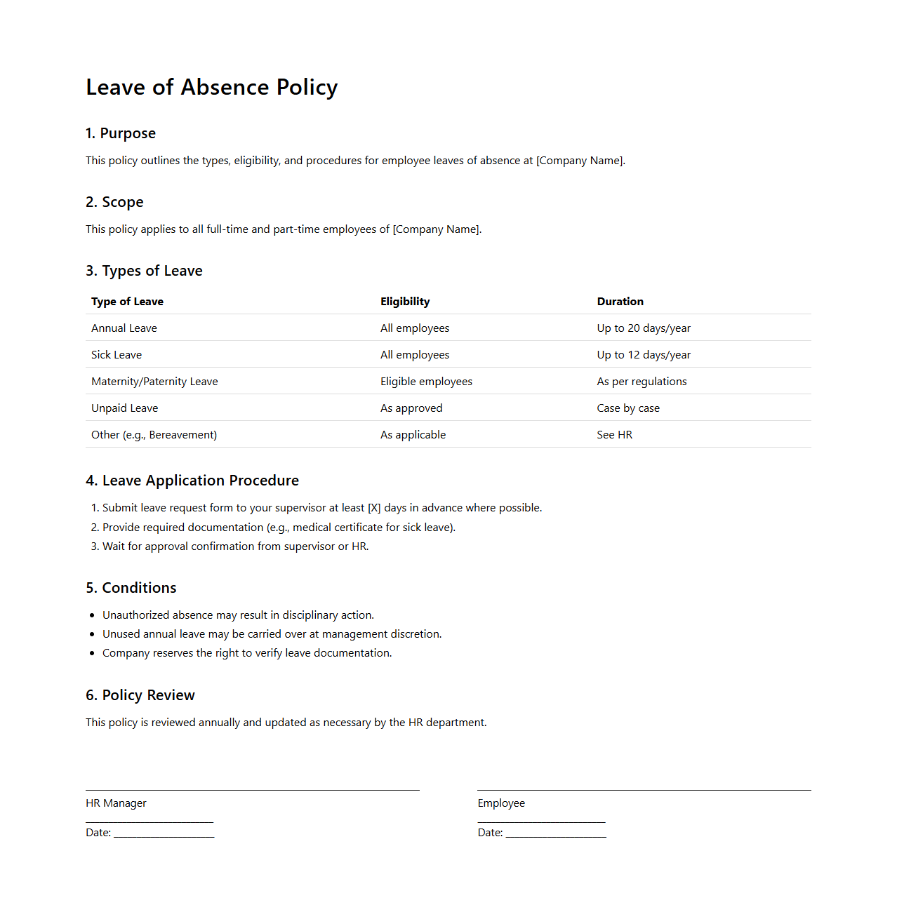 HR Leave of Absence Policy Format
