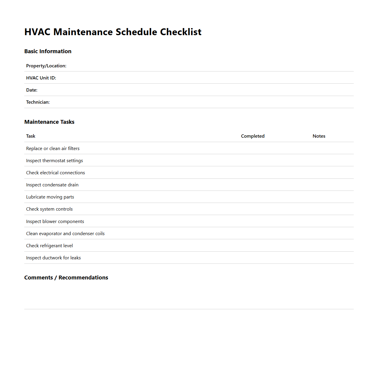 HVAC Maintenance Schedule Checklist