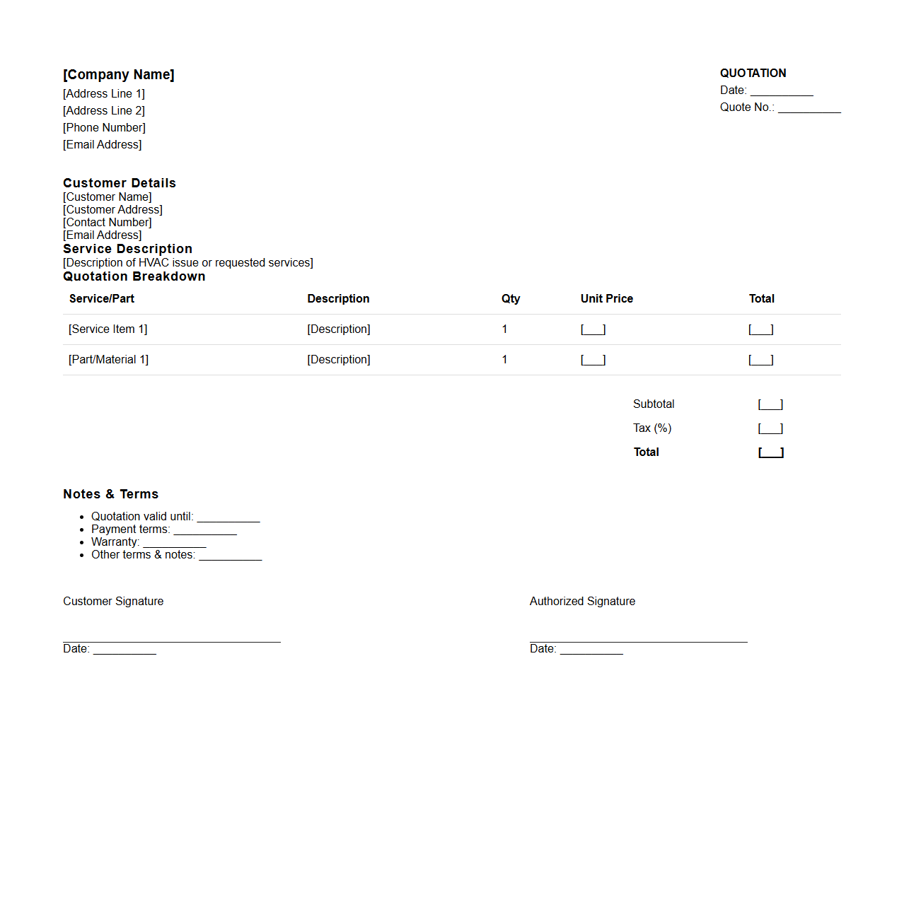 HVAC Repair Service Quotation Document