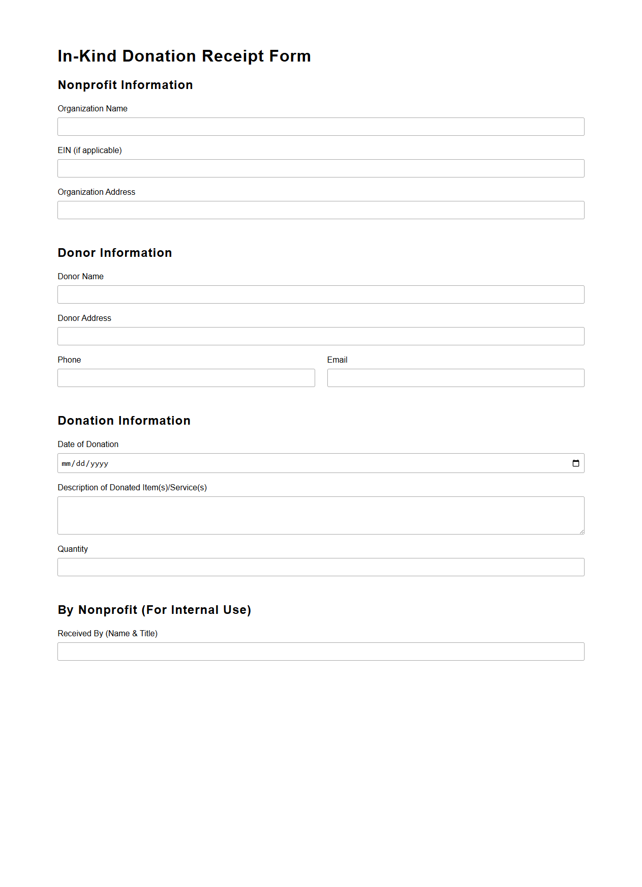 In-Kind Donation Receipt Form for Nonprofits