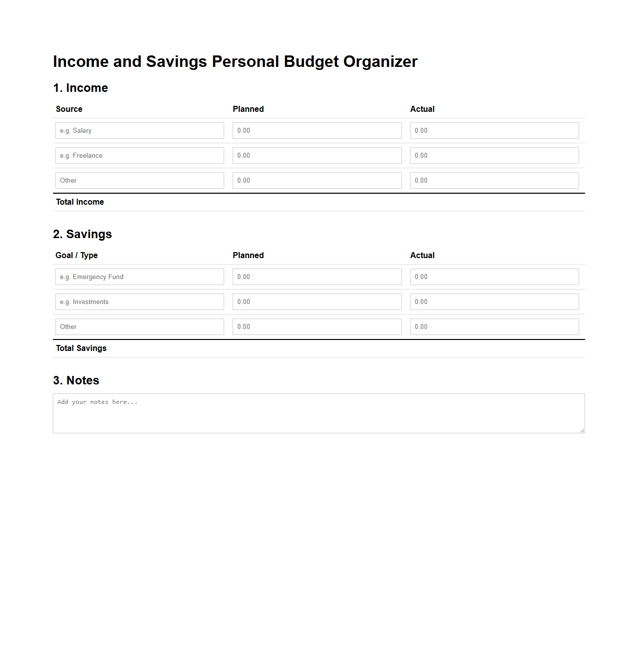 Income and Savings Personal Budget Organizer