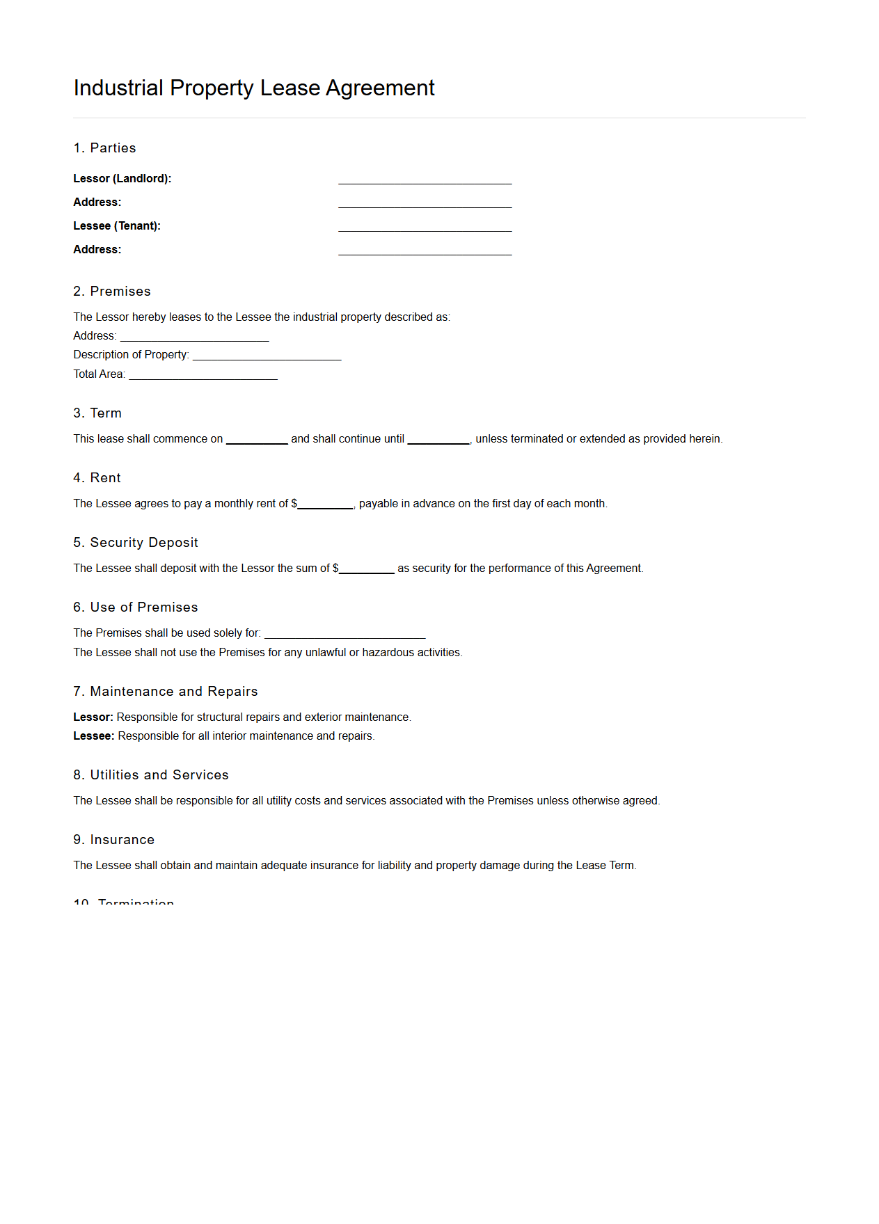 Industrial Property Lease Document Sample