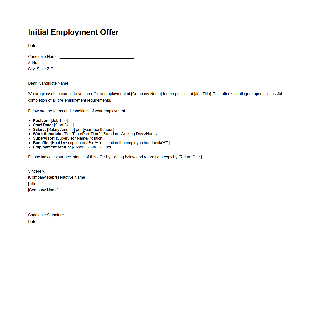 Initial Employment Offer Template