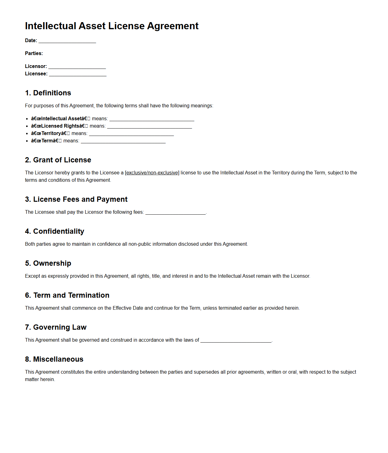 Intellectual Asset License Agreement Template