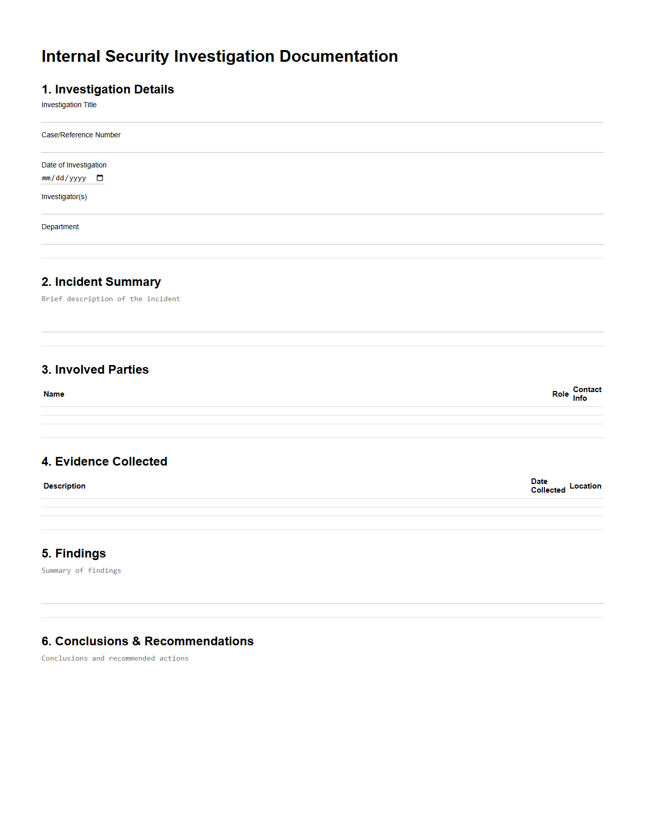 Internal Security Investigation Documentation Template