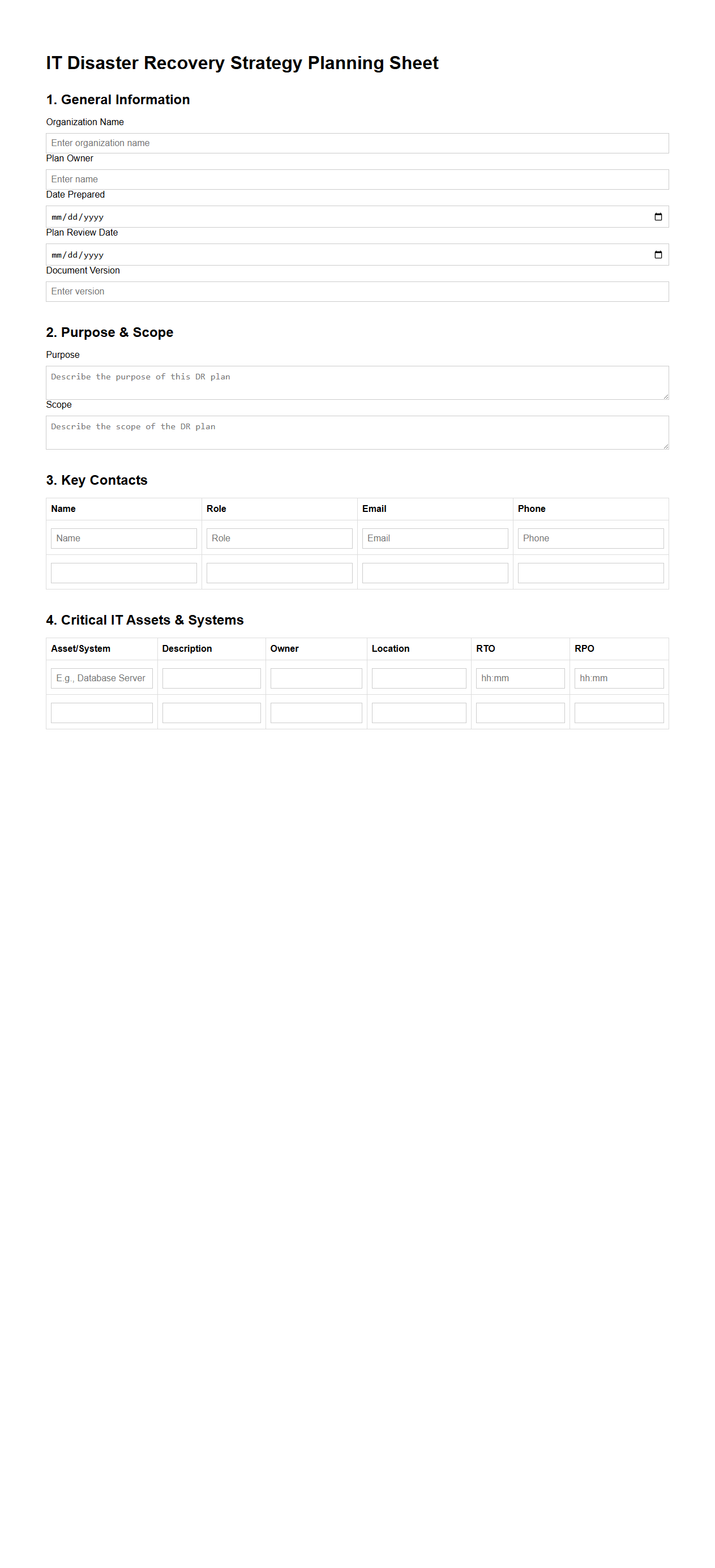 IT Disaster Recovery Strategy Planning Sheet