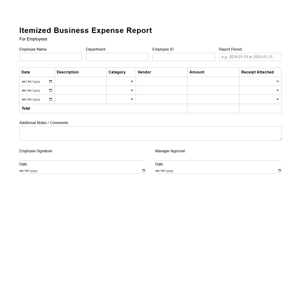 Itemized Business Expense Report for Employees
