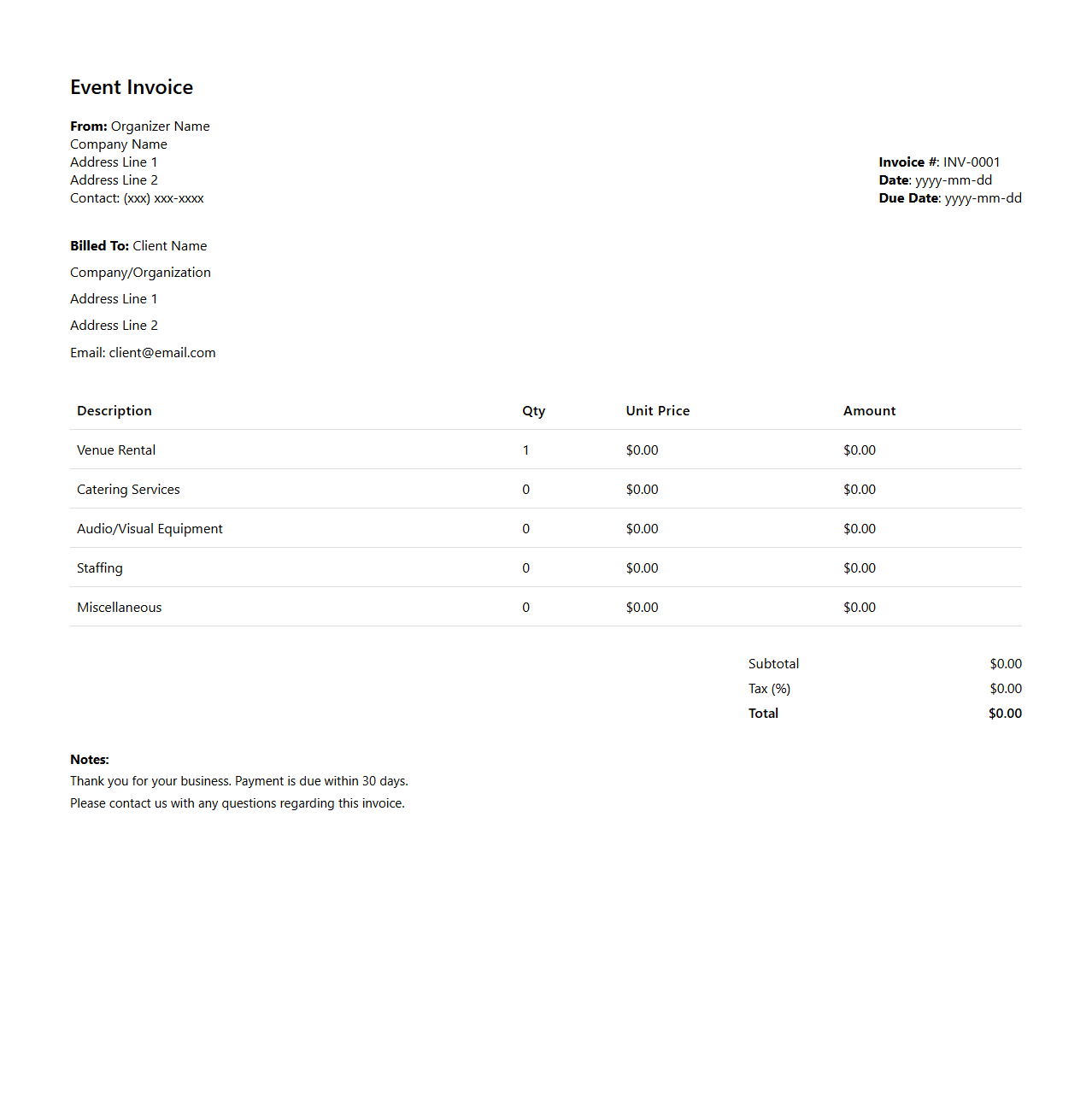Itemized Event Invoice Template for Organizers