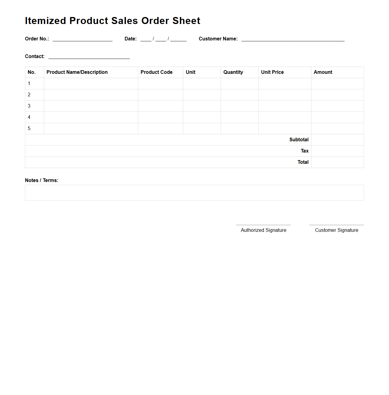 Itemized Product Sales Order Sheet