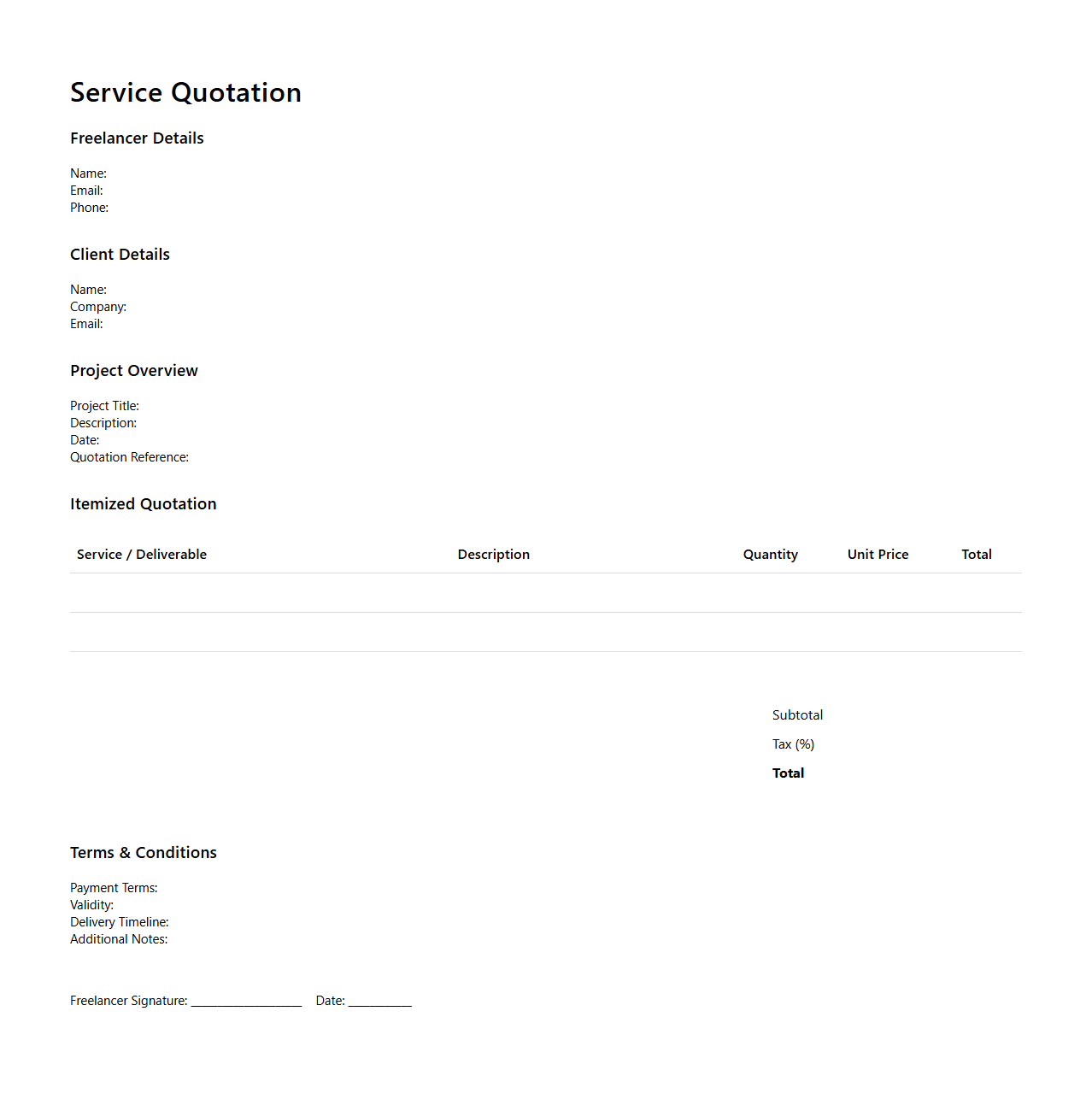 Itemized Service Quotation Outline for Freelance Projects