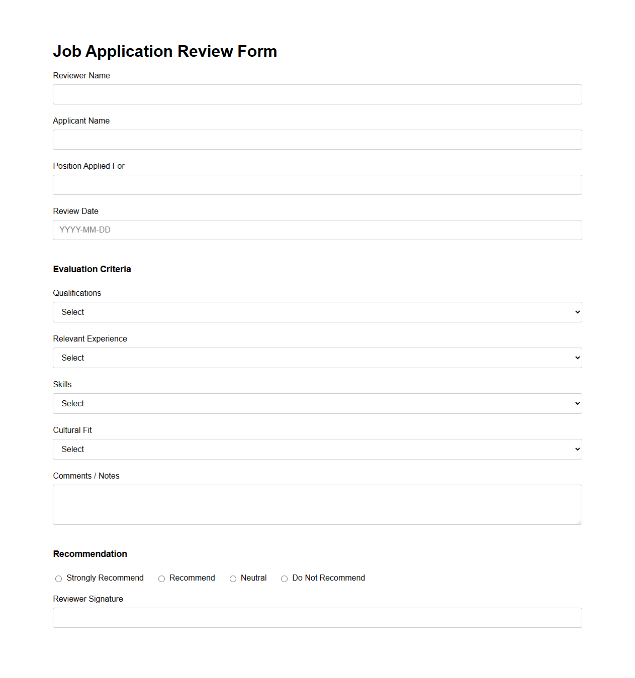Job Application Review Form Template